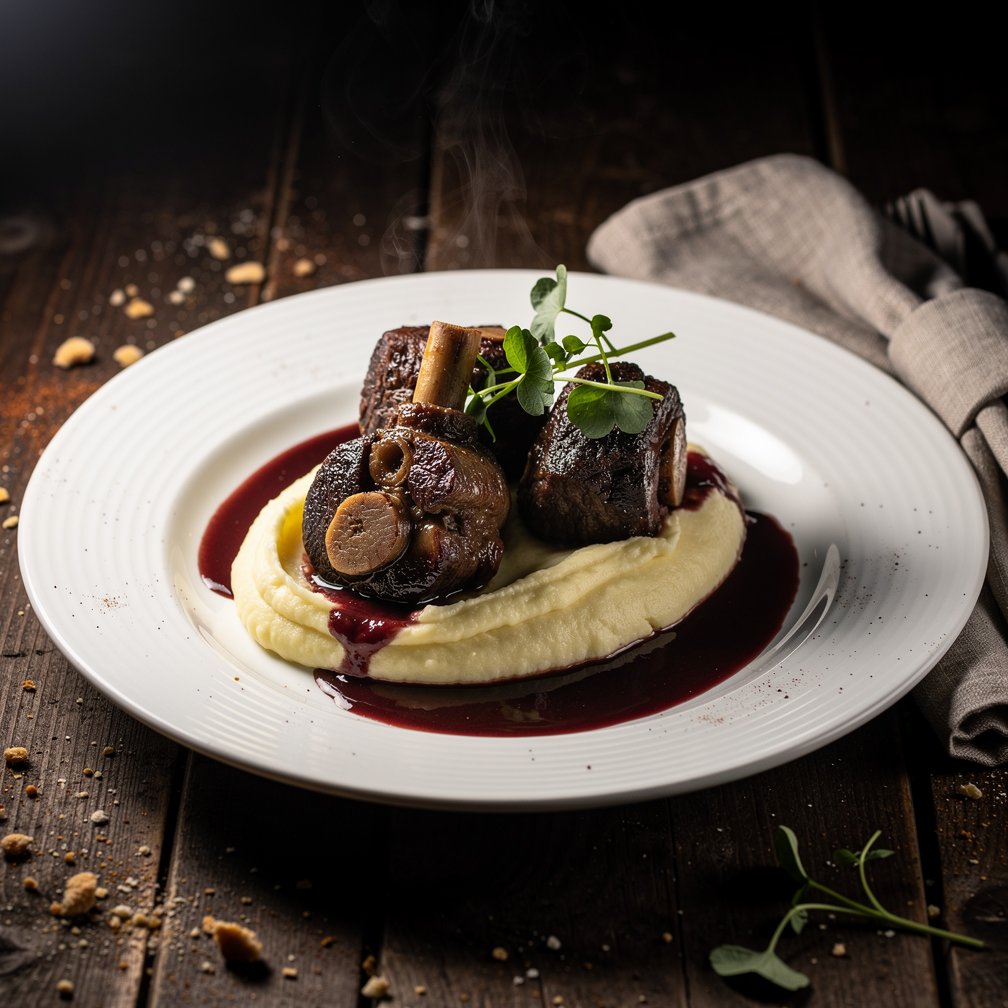Professional food photography of elegant Italian beef cheeks dish, moody lighting, rustic table, gourmet plating, high-end restaurant style.