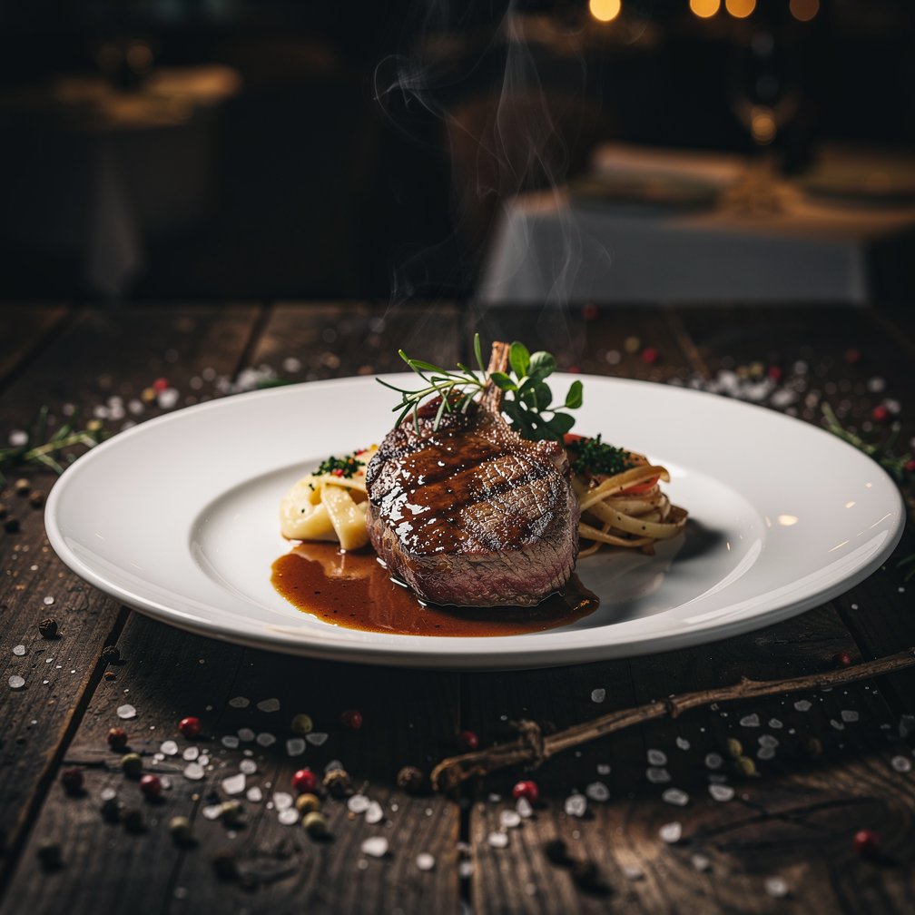 Professional fine dining food photography of a gourmet Italian meat dish, elegant plating, moody lighting, dark rustic background, high contrast, restaurant quality.